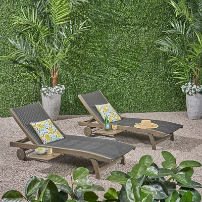 Acacia Wood Chaise Lounges with Wicker Seats and Side Trays