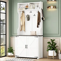Farmhouse 4-in-1 Hall Tree with Barn Doors: Movable Bench, Hooks, Shoe Storage, & Wheels