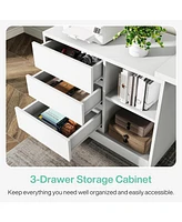 Tribesigns L-Shaped Computer Desk with Drawers and Shelves, Reversible White Corner Office Desk with Storage Cabinet, Study Writing Table for Home Off