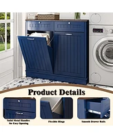 Two-Compartment Tilt-Out Trash Cabinet, Pet Proof Kitchen Trash Cabinet with Trash Can, Free Standing Laundry Sorter Cabinet, Laundry Hamper