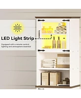 Tall Bathroom Cabinet, Farmhouse Storage Cabinet with Led Lights and Adjustable Shelves