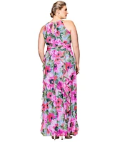 Xscape Plus Printed A-Line Ruffle-Skirt Dress