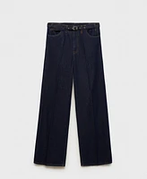 Mango Women's Belted Rinse-Wash Wide Leg Jeans