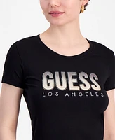 Guess Women's Glitter-Logo Short-Sleeve Crewneck Top