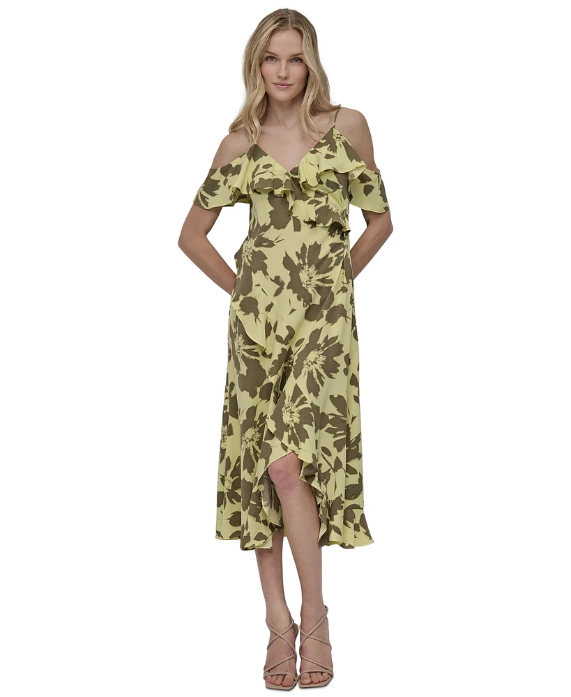 Dkny Women's Printed Cold-Shoulder Ruffle-Trim Dress