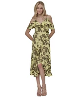 Dkny Women's Printed Cold-Shoulder Ruffle-Trim Dress