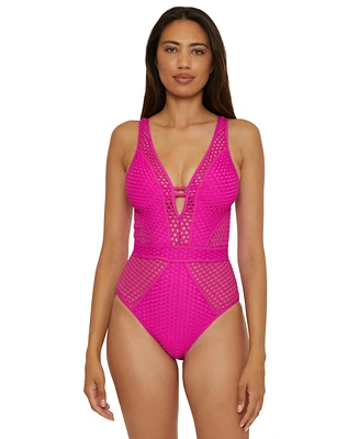 Becca Women's Fishnet Plunge-Neck One-Piece Swimsuit