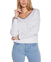 Belldini Women's Heart Pointelle V-Neck Sweater