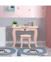 Kids Makeup Dressing Table with Tri-folding Mirror and Stool