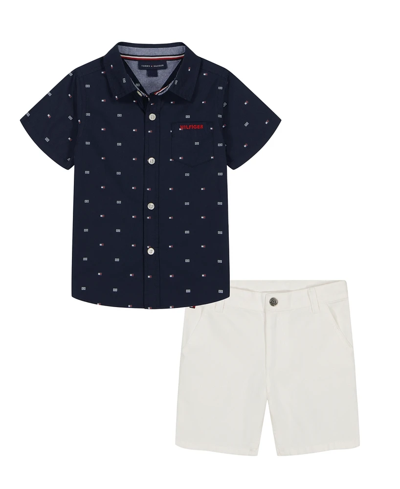 Tommy Hilfiger Toddler Boys 2-Piece Short Sleeve Logo Print Poplin Shirt and Twill Shorts Sets