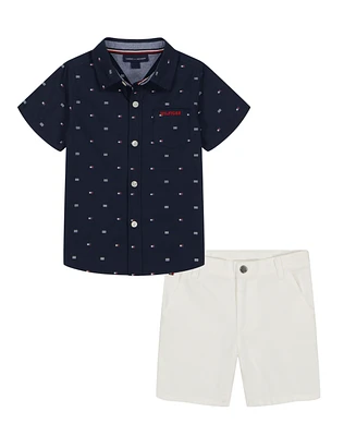 Tommy Hilfiger Toddler Boys 2-Piece Short Sleeve Logo Print Poplin Shirt and Twill Shorts Sets
