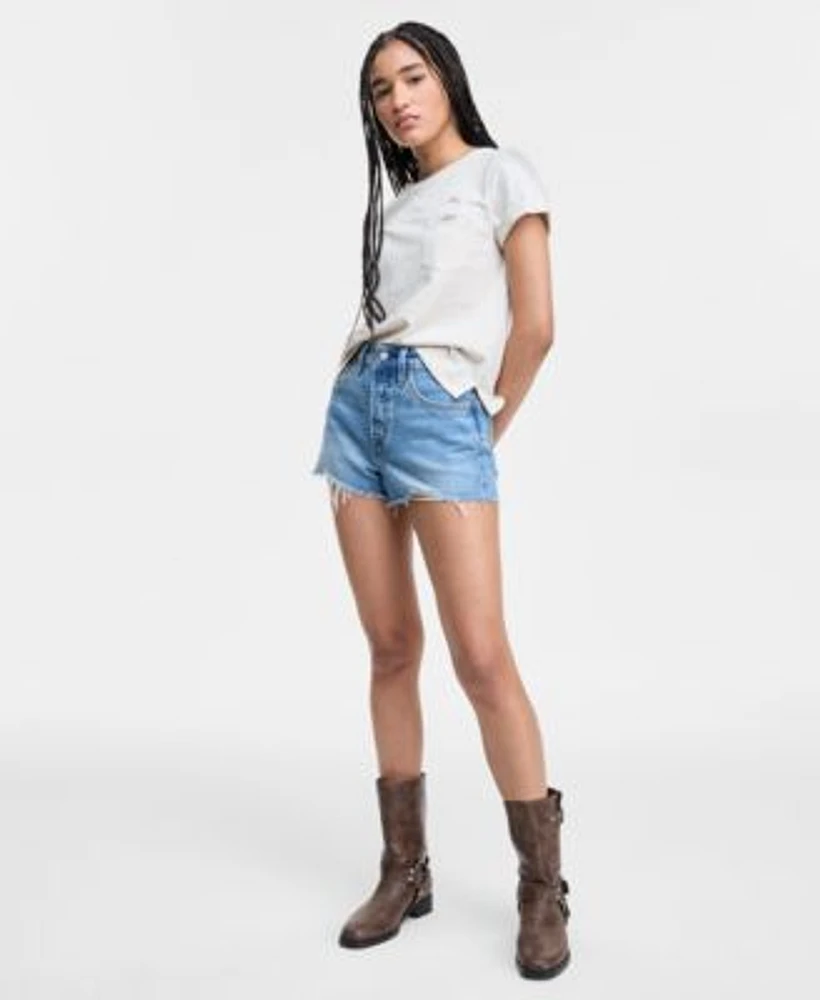 Levis Womens Graphic Margot T Shirt 501 Button Fly High Rise Denim Shorts
