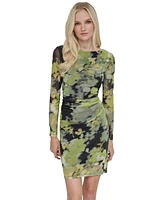 Dkny Women's Printed-Mesh Ruched-Side Bodycon Dress