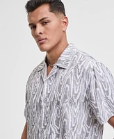 Mode of One Men's Woodgrain Relaxed-Fit Printed Button-Down Shiny Twill Camp Shirt, Exclusively at Macy's