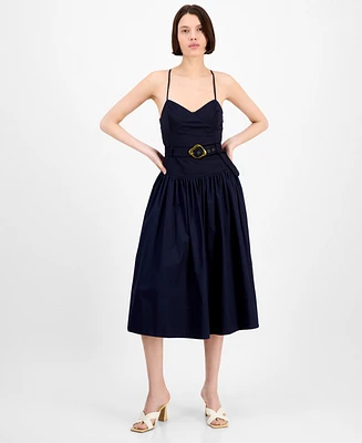 En Saison Women's Melody Mixed-Media Belted Midi Dress
