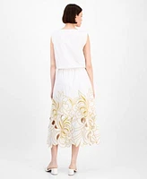 Avec Les Filles Womens Sleeveless Embroidered Drawstring Hem Top Embroidered Midi Skirt