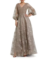 Women's Embellished Plunge Neck Puff Sleeve A Line Gown