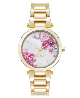 Nine West Women's Quartz Gold-Tone Metal Alloy White Floral Dial Watch, 36mm