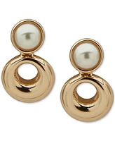 Anne Klein Gold-Tone Imitation Pearl Button Open Circle Drop Earrings