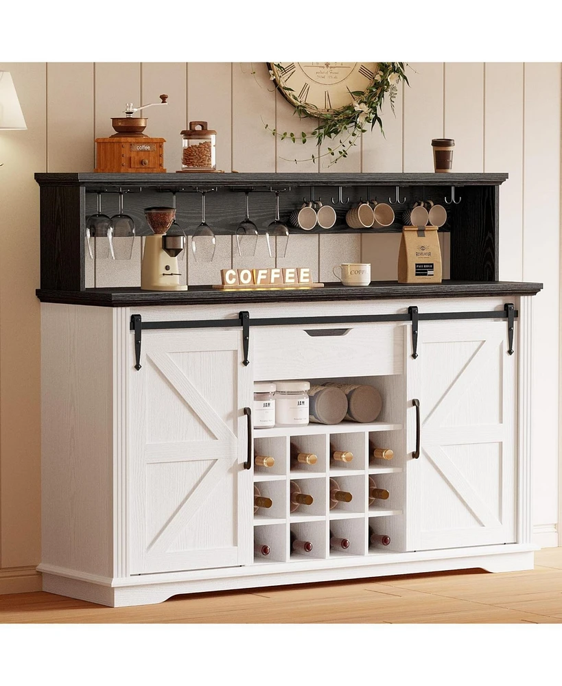 Farmhouse Coffee Bar Cabinet with Sliding Barn Doors and Led Lights