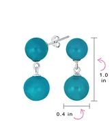 Bling Jewelry Classic Simple Dangle Double Round Natural Teal Blue Green Jade 2 Drop Ball Earrings .925 Sterling Silver 10MM