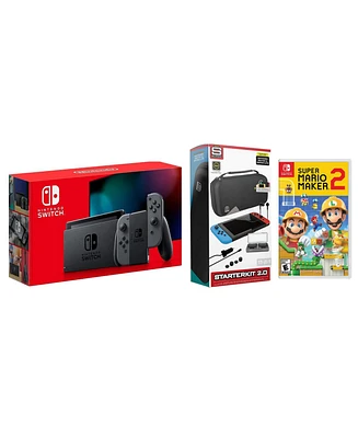 Nintendo Switch 32GB Console Gray Joy-Con Bundle with Surge 11-In-1 Accessory Starter Pack and Super Mario Maker 2