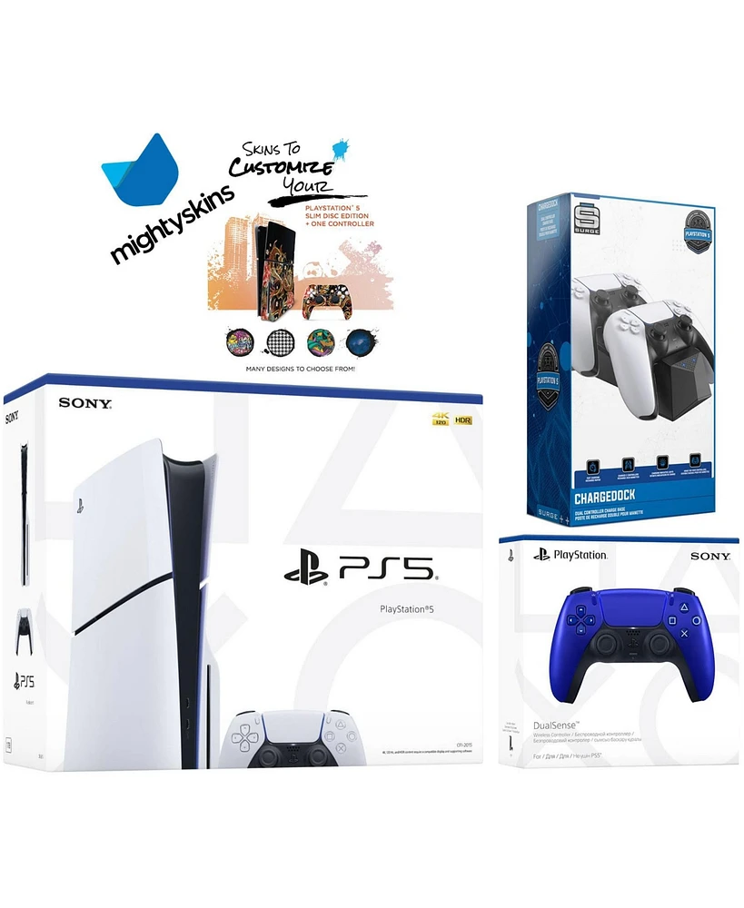 Sony PlayStation 5 Slim Disc with Extra Cosmic Red Controller, Dual Charging Dock and MightySkins Decal Voucher