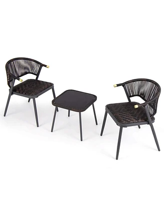 Gymax Set of 3 Rattan Furniture Set w/ Tempered Glass Tabletop Wicker Seat Patio