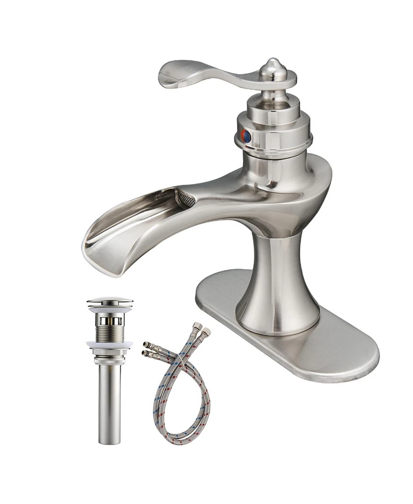 Waterfall Single Hole Single-Handle Low-Arc Bathroom Faucet With Pop-up Drain Assembly