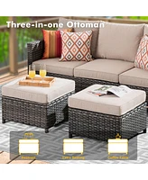 3 Piece Patio Furniture Set,Outdoor Weather Resistant Wicker Sofa with 2 Ottomans,2 Comfy Pillows,for Yard Porch,Patio and Backyard,Orange Red