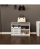 2-Tier Shoe Storage Bench with Barn Door, Adjustable Shelves
