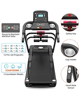 Ksports Treadmill Electric Foldable Exercise Indoor Walking Pad with Auto and Manual Incline, Sit-Up Rack or Strap, Ab Mat, and 2 Dumbbells, Black