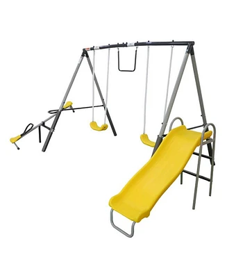 Xdp Recreation The Titan Playground Powder Coated Metal Frame Kids Swing Set with Outdoor Backyard Playset with Slide, 3 Swings, and Seesaw, Yellow