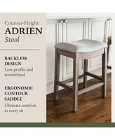 Maven Lane Adrien Saddle Counter Stool in Reclaimed Oak Finish with Ash Grey Fabric Upholstery, Set of 2