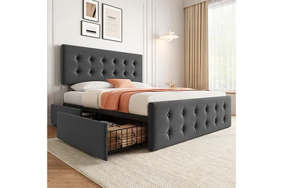 Queen Size Bed Frame with 4 Storage Drawers and Headboard, Linen Upholstered Platform Bed Frame with Wooden Slats Support, Button Tufted Design, No Bo