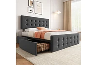 Queen Size Bed Frame with 4 Storage Drawers and Headboard, Linen Upholstered Platform Bed Frame with Wooden Slats Support, Button Tufted Design, No Bo