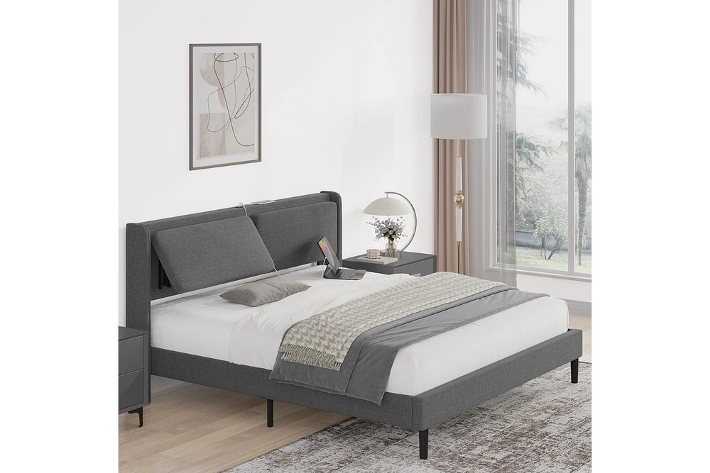 Queen Bed Frame with Usb Ports, Platform Bed Frame with Linen Fabric Adjustable Headboard