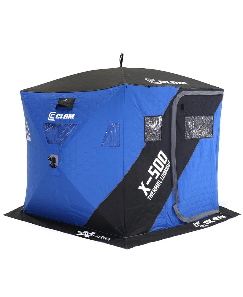 Clam 17480 X-500 Portable 5-Person 9-Foot Lookout Pop-Up Ice Fishing Angler Thermal Hub Shelter Tent with Anchor Straps and Carrying Bag