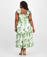 Taylor Plus Printed Chiffon Ruffle-Sleeve Maxi Dress