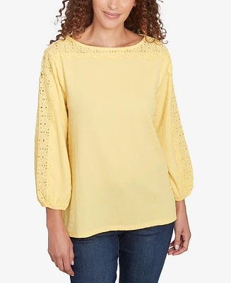Ruby Rd. Petite Solid Textured Eyelet Sleeve Boat Neck Top