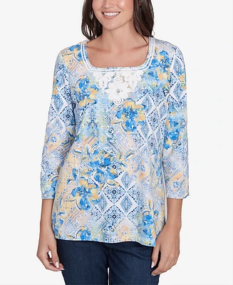 Ruby Rd. Petite Watercolor Floral Patchwork Square Neck Top