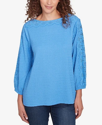 Ruby Rd. Petite Solid Textured Eyelet Sleeve Boat Neck Top