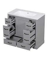 36" Bathroom Vanity with Sink Combo, Six Drawers, Multi-Functional Drawer Divider, Adjustable Shelf, Grey
