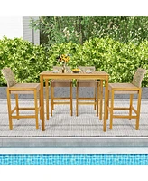 Set of 4 Patio Wood Barstools Rattan Bar Height Chairs with Backrest Porch Balcony