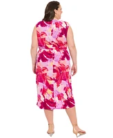 London Times Plus Printed Side-Tie Sleeveless Dress