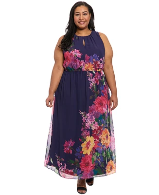 London Times Plus Placement-Print Maxi Dress