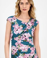 Connected Women's Printed Gathered Cap-Sleeve Sheath Dress
