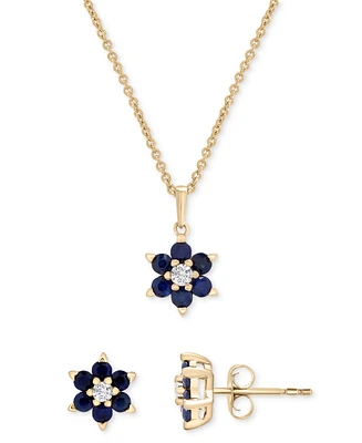 Blue Sapphire (5/8 ct. t.w.) & White Sapphire (1/6 ct. t.w.) Flower Pendant Necklace & Stud Earrings Set in 14k Gold over Sterling Silver