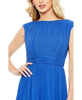 Women's Pleated Bateau Cap Sleeve A Line Gown