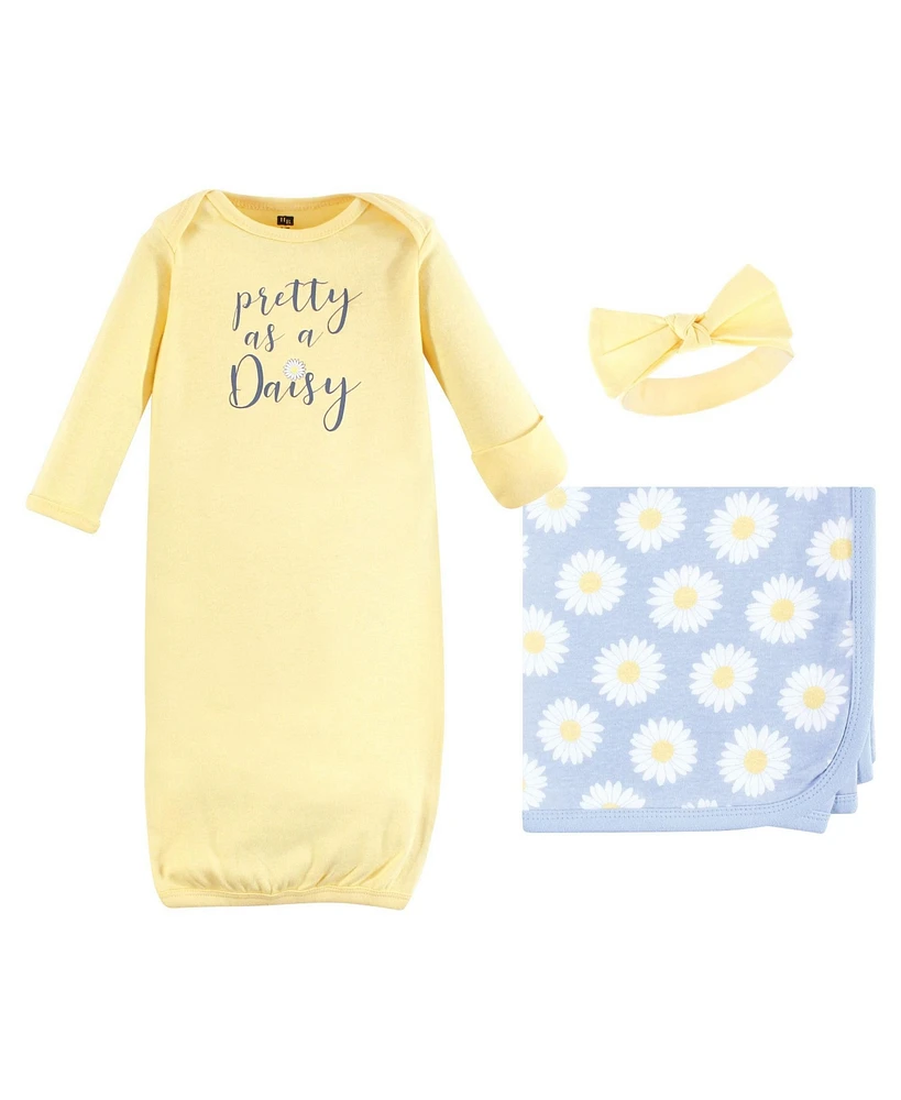 Hudson Baby Infant Girl Gown, Swaddle Blanket and Cap or Headband, Pretty As A Daisy, 0-6 Months